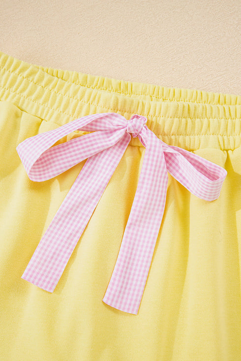 Plaid Ruffle Patchwork Drop Shoulder Pullover And Drawstring Waist Shorts Short Set